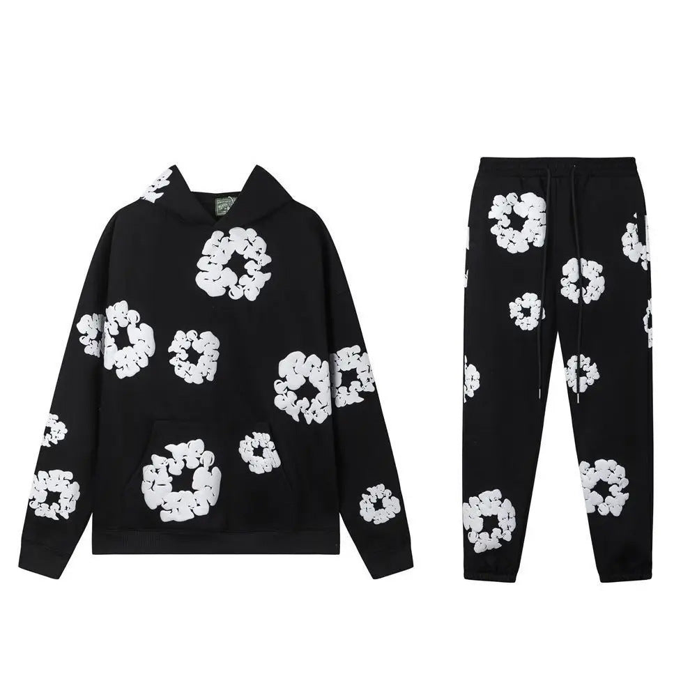 Cross-border Hot European Code Autumn And Winter Foam Printed Hooded Sweatshirt Trousers Set Complete Series Trendy Factory Wholesale