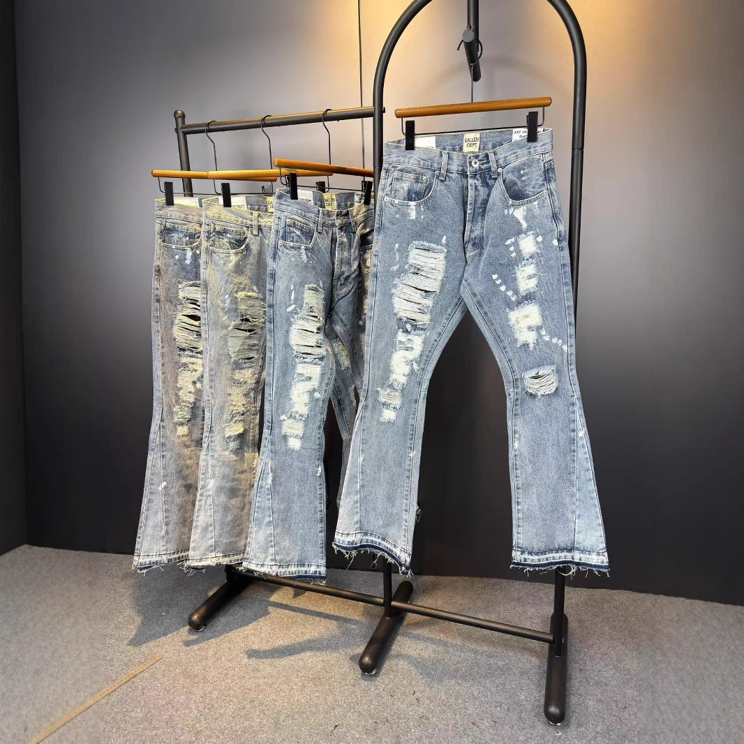 GalleryDept Splash Ink Destruction Patch Stitching Micro Flare Jeans American Ripped Street Hip Hop Pants