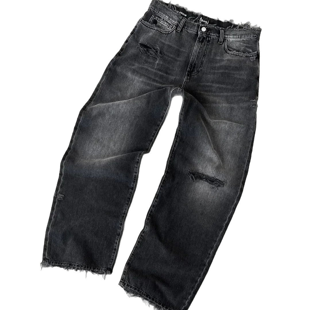 Europe And The United States Cross-border Washed Old Hole Solid Color Jeans Men And Women With Street Fashion Casual Jeans
