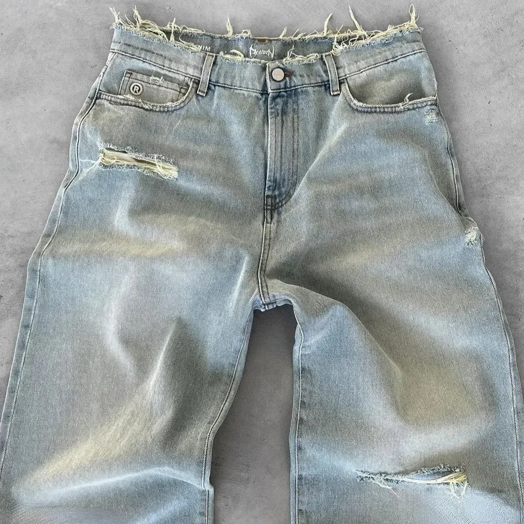 Europe And The United States Cross-border Washed Old Hole Solid Color Jeans Men And Women With Street Fashion Casual Jeans