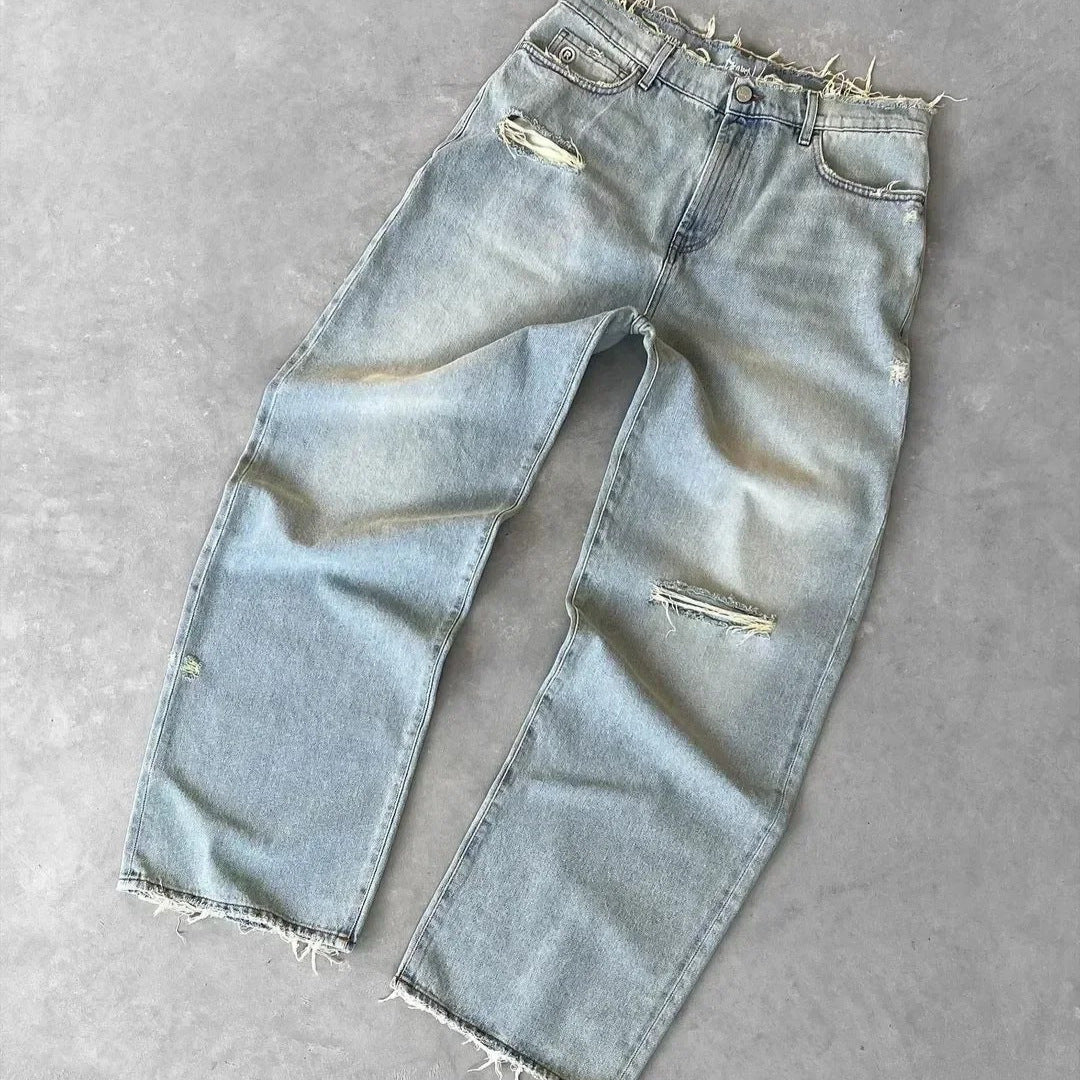 Europe And The United States Cross-border Washed Old Hole Solid Color Jeans Men And Women With Street Fashion Casual Jeans