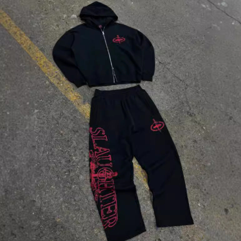 Corteiz Alcatraz Print Hoodie Set Hip-Hop Street Style Loose Casual Cardigan Two-Piece Set Cross-Border