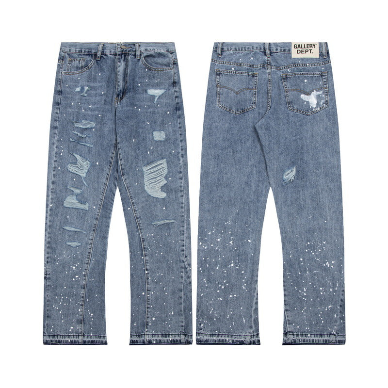 Outer Single GALLERY DEPT Splash Ink Graffiti Micro Horn Stitching Ripped Casual Loose Jeans Long Pants Trendy