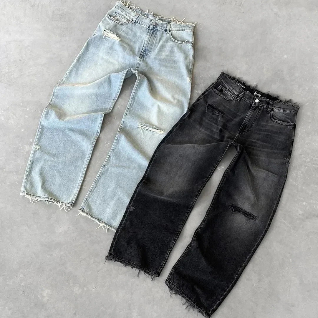 Europe And The United States Cross-border Washed Old Hole Solid Color Jeans Men And Women With Street Fashion Casual Jeans