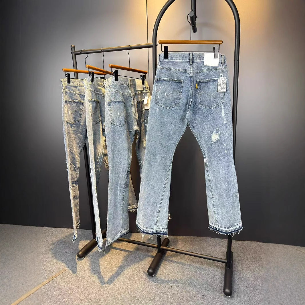 GalleryDept Splash Ink Destruction Patch Stitching Micro Flare Jeans American Ripped Street Hip Hop Pants