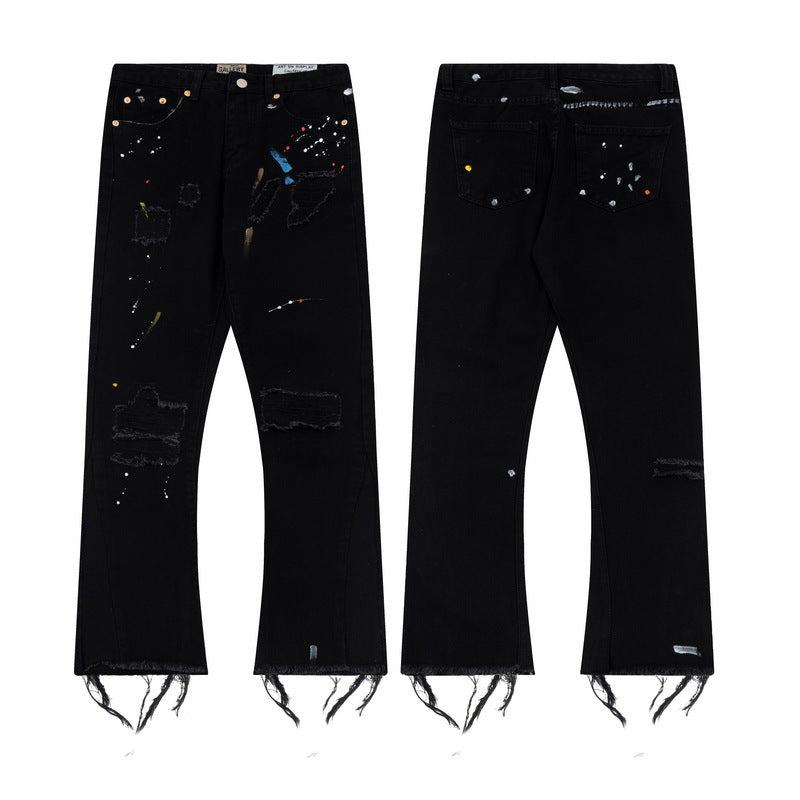 Outer Single GALLERY DEPT Splash Ink Graffiti Micro Horn Stitching Ripped Casual Loose Jeans Long Pants Trendy