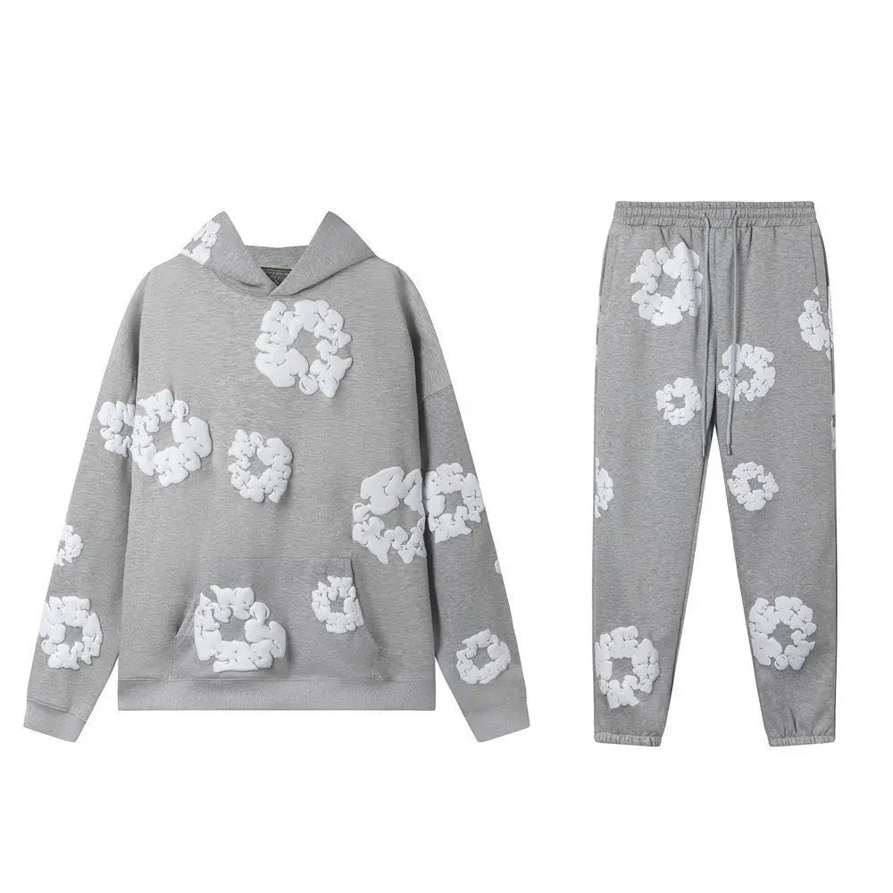 Cross-border Hot European Code Autumn And Winter Foam Printed Hooded Sweatshirt Trousers Set Complete Series Trendy Factory Wholesale