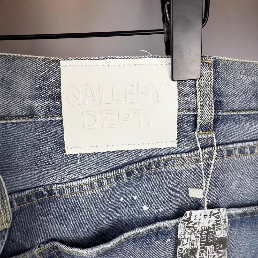 GalleryDept Splash Ink Destruction Patch Stitching Micro Flare Jeans American Ripped Street Hip Hop Pants