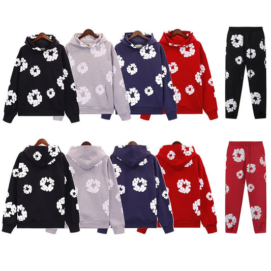 Cross-border Hot European Code Autumn And Winter Foam Printed Hooded Sweatshirt Trousers Set Complete Series Trendy Factory Wholesale