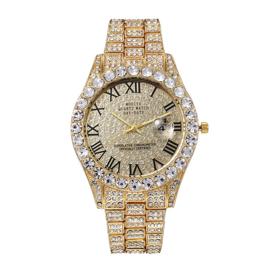 Men&#039;s High-End Full Diamond Cross-Border Steel Band Fashion Rhinestone Calendar Quartz Watch Starry Men&#039;s Watch