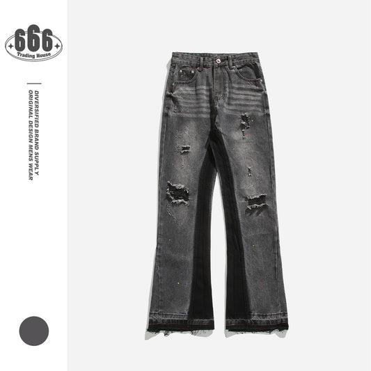 MAOQIAOYI American Vibe Men's Pants Hole Slim Flared Pants Men's And Women's Design Sense Micro-blare Jeans 5010