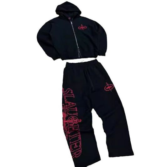 Corteiz Alcatraz Print Hoodie Set Hip-Hop Street Style Loose Casual Cardigan Two-Piece Set Cross-Border